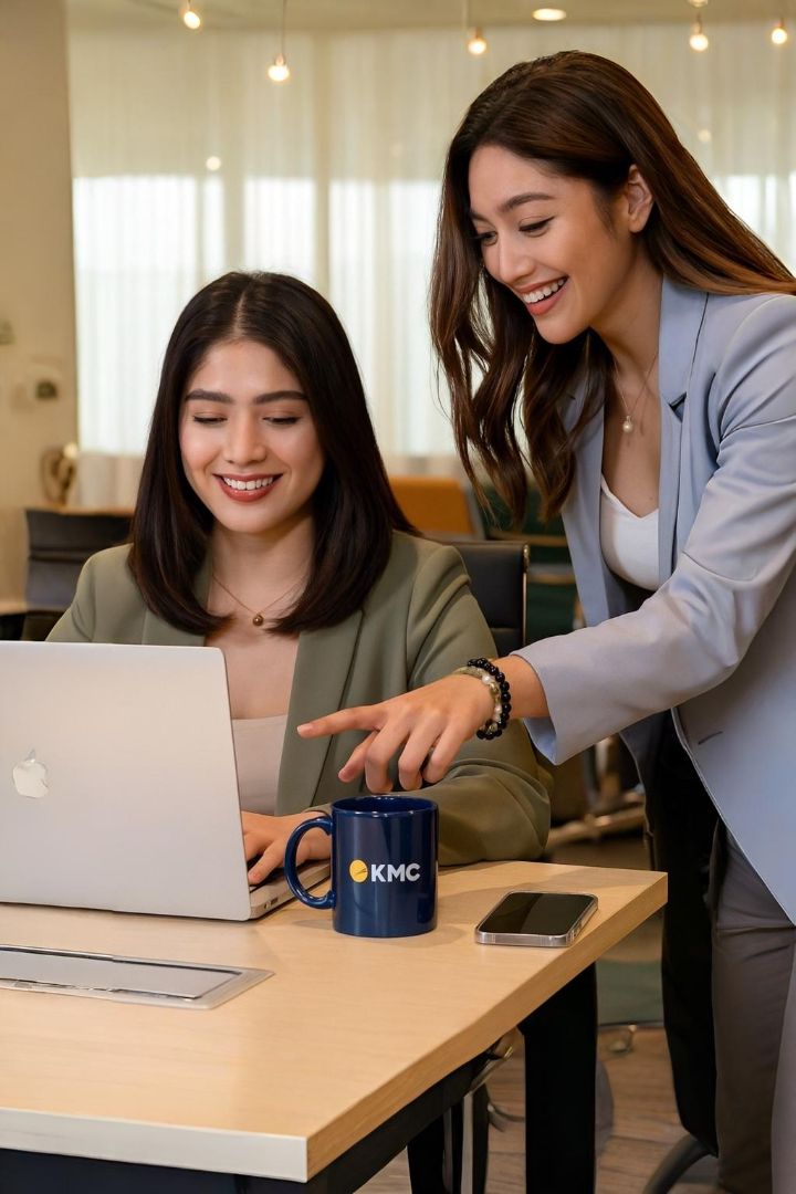 Two women smiling while reviewing reports on a laptop in a softly lit office lounge.