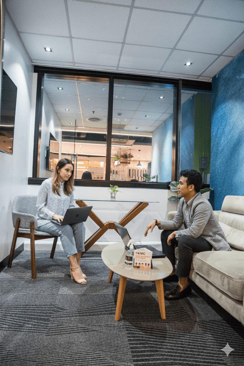 Colleagues at a business lounge discuss strategies, reflecting KMC's commitment to world-class talent and workforce solutions. Colleagues at a business lounge discuss strategies, reflecting KMC's commitment to world-class talent and workforce solutions.