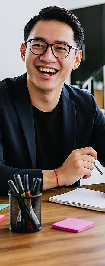 Man in glasses smiling confidently during a meeting, seated at a desk with a notebook and pen in hand.