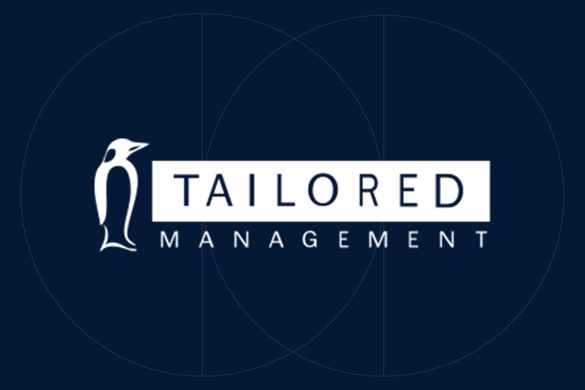 Tailored Management logo displayed on a dark blue background, seen in a KMC case studies.