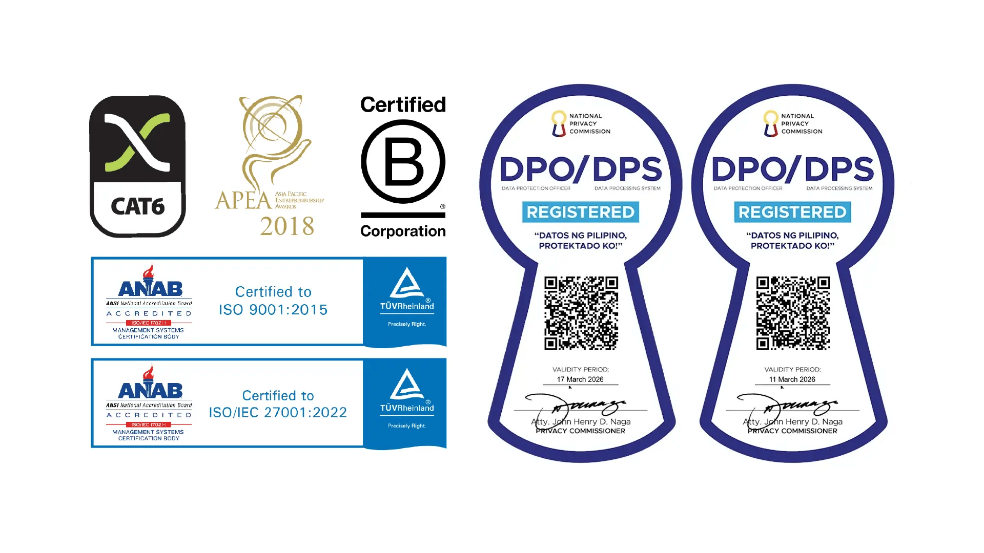 A collection of KMC awards and certifications, including B Corporation, ISO, and National Privacy Commission DPO.