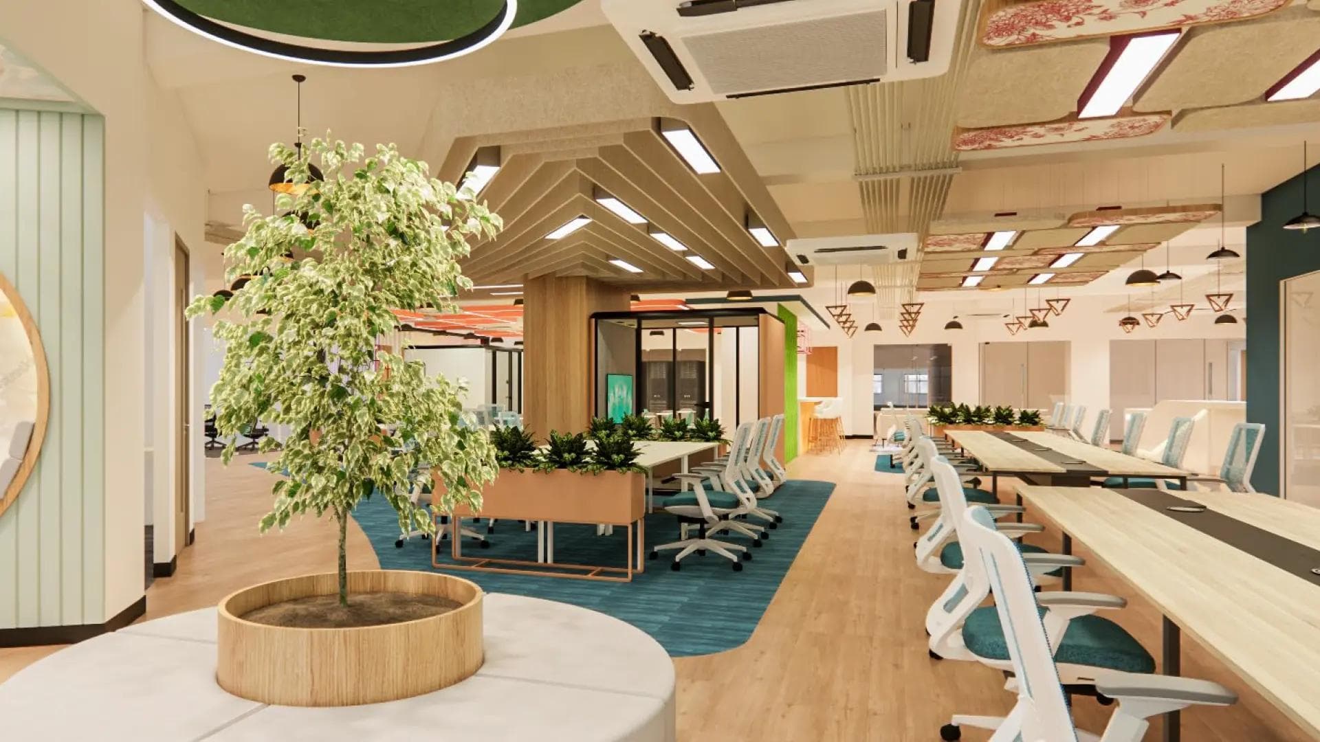 Modern virtual office space in BGC with long tables, white chairs, wood flooring, and a central indoor plant feature.