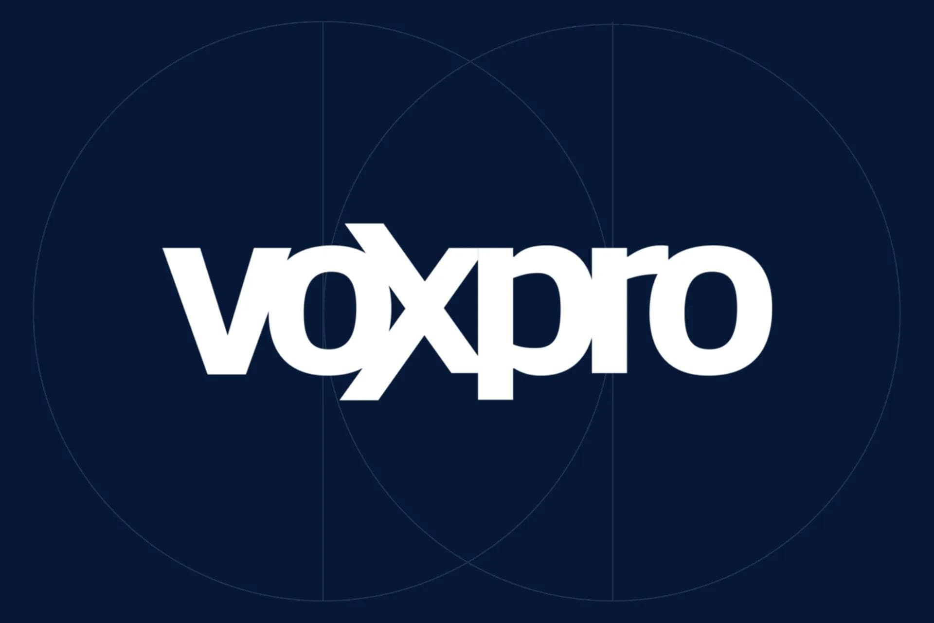 Voxpro logo on a dark blue background with circular lines, featured in a KMC case study on hiring customer support agents.