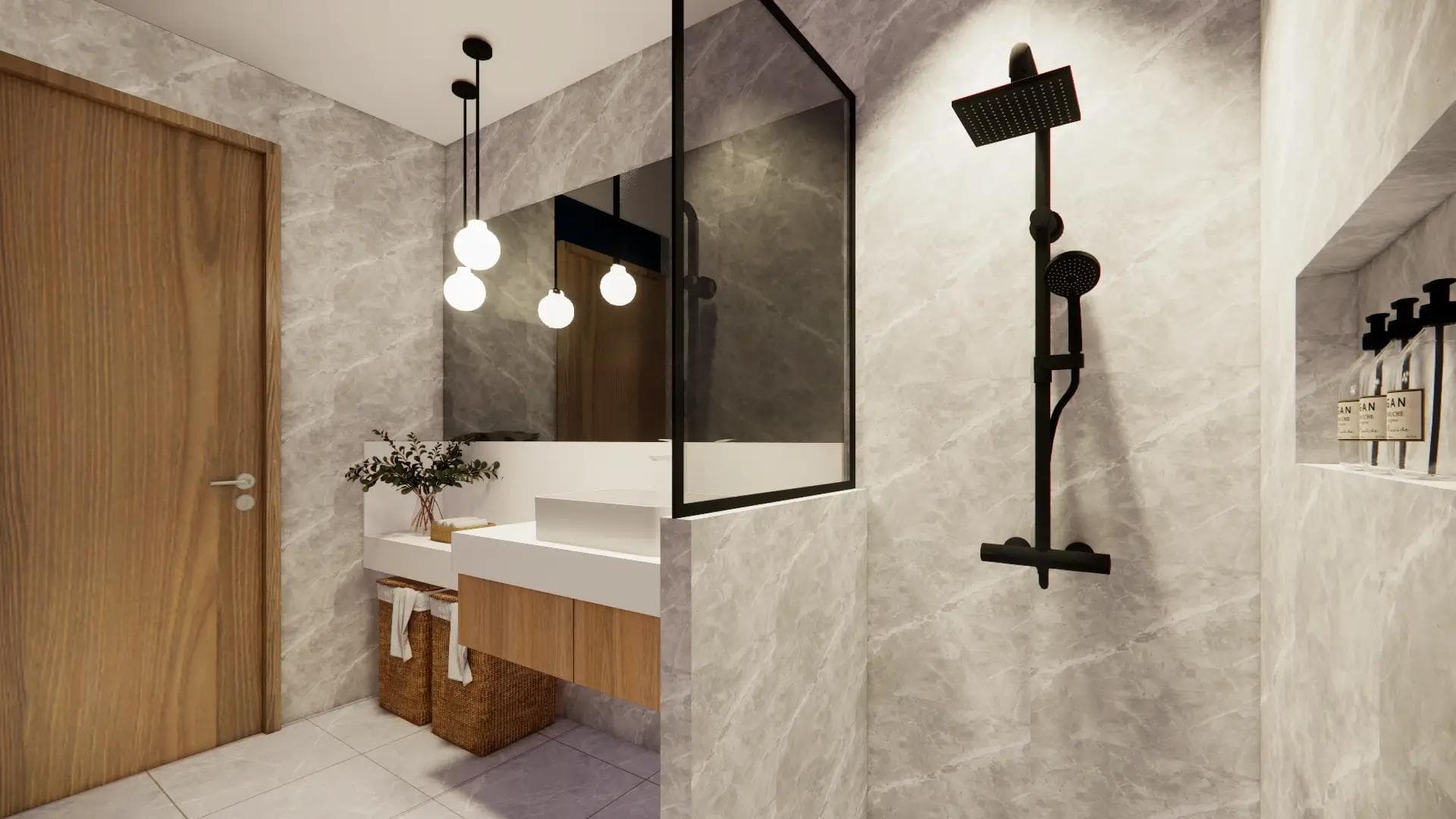 Modern restroom with gray marble walls, a sleek vanity with mirror and lights, woven baskets, and a black rainfall shower.