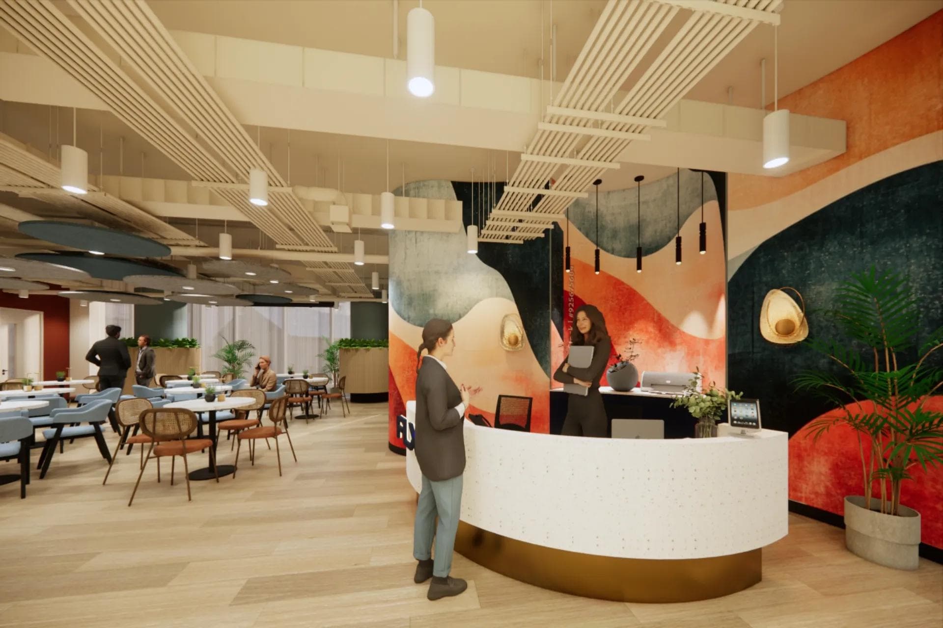 KMC office in PBCom Tower, Makati featuring a round reception desk, abstract mural wall, and spacious seating area.