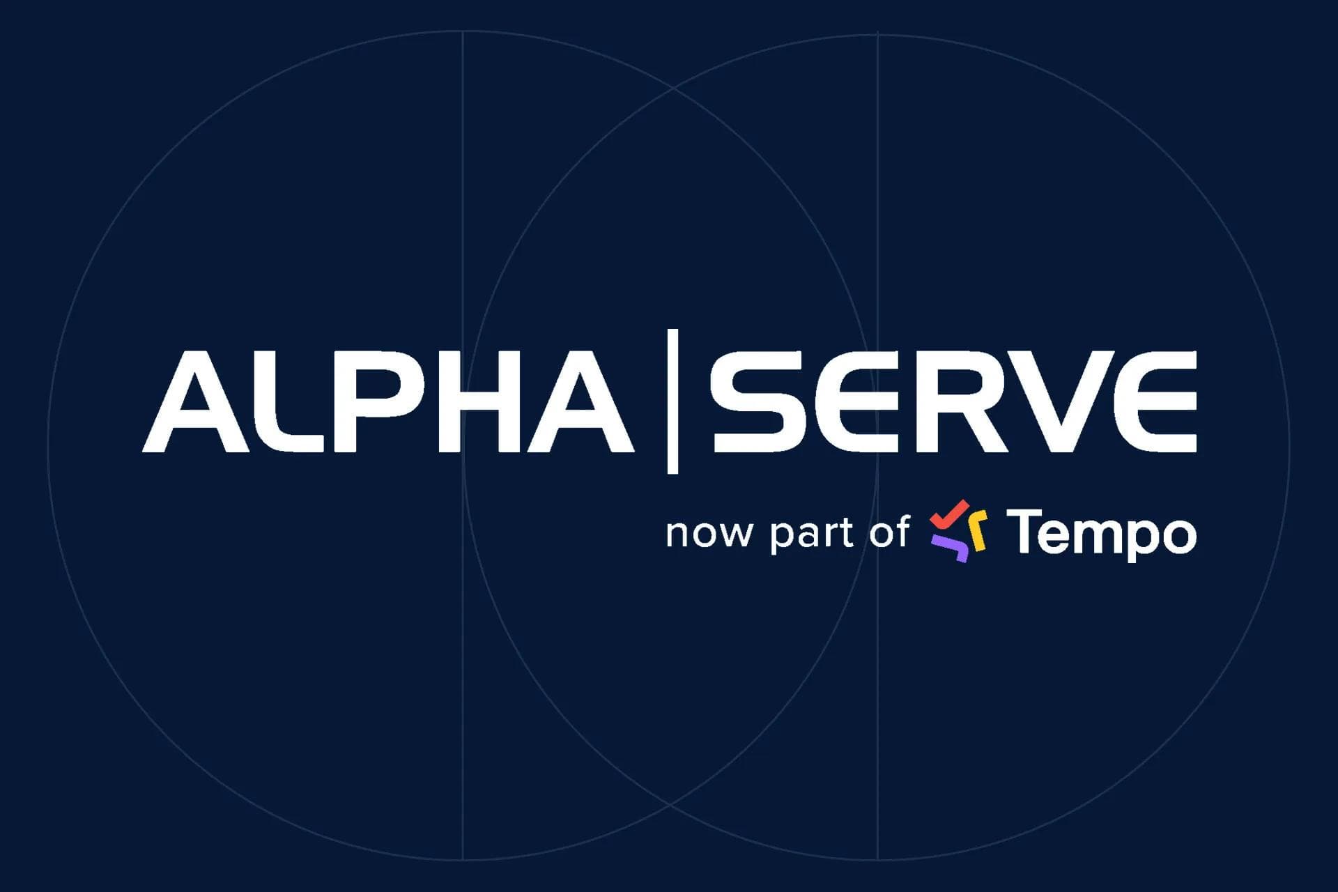 Alpha Serve logo with "now part of Tempo" on a dark blue background with circular lines. Featured in a case study by KMC.